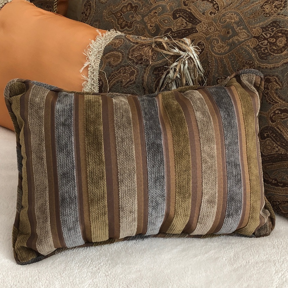 Striped Accent Pillow in Brown, Olive &  Blues! 18” x 12”.